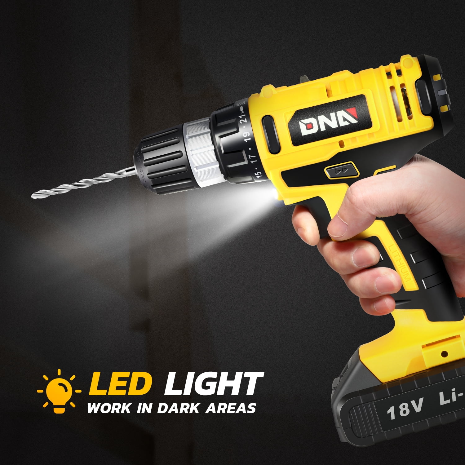 DNA Motoring 18V Variable Speed Cordless Battery Drill Driver, 3/8 in Keyless Chuck, 21+1 Torque