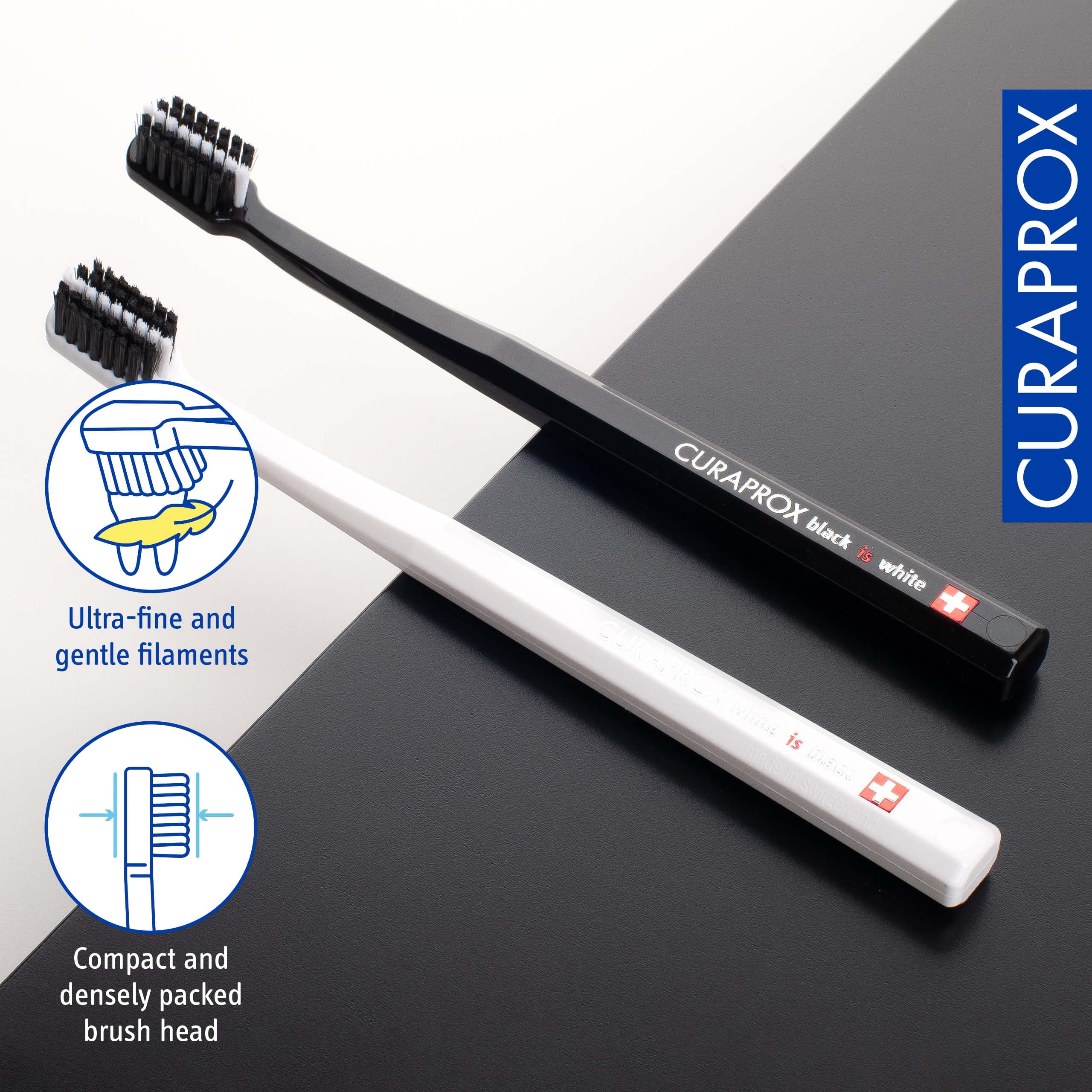 Curaprox Black is White Duo Toothbrush – Ultra Soft Carbon Whitening, Black/White, 2-Pack