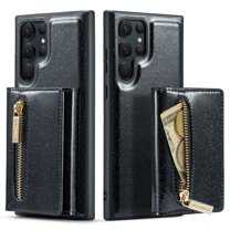 Dteck Samsung Galaxy S22 Ultra Case Wallet for Women Glitter PU Leather S22 Ultra Case with Magnetic Detachable Card Holder Wallet with Zipper Pocket Kickstand Shockproof Cover,Black