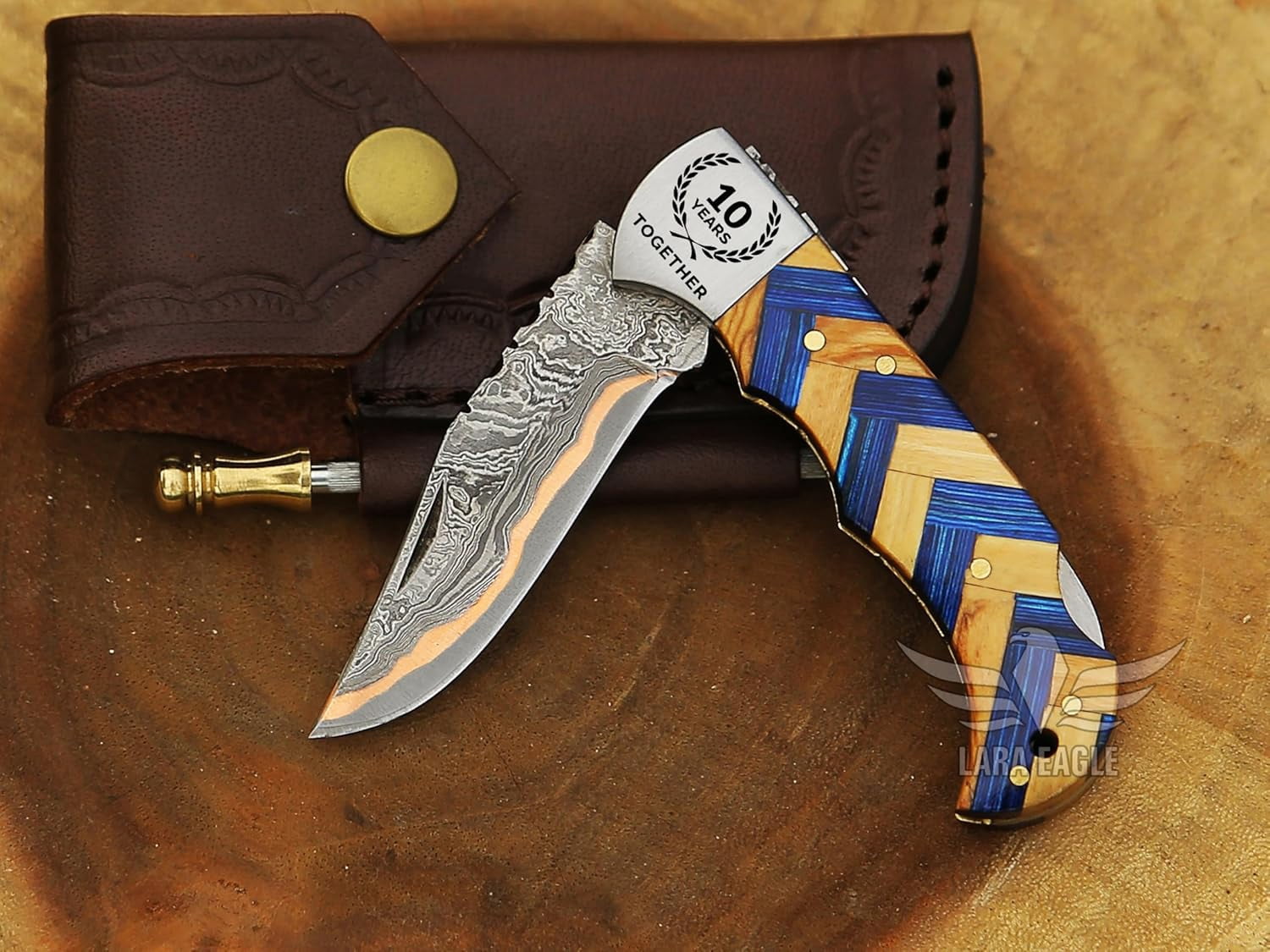 Copper Damascus Pocket Knife – Olive & Blue Handle, Survival Hunting Knife with Leather Sheath & Sharpener – Perfect for Outdoor and Tactical Use