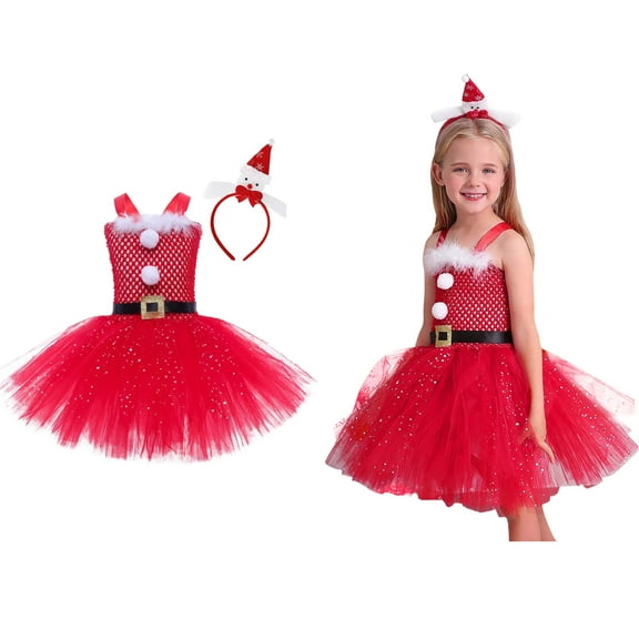 Tween Girl Christmas Outfit Sleeveless Christmas Dress Girls with Headband Sets Red Tutu Dress 10-12 Years Girls Dresses