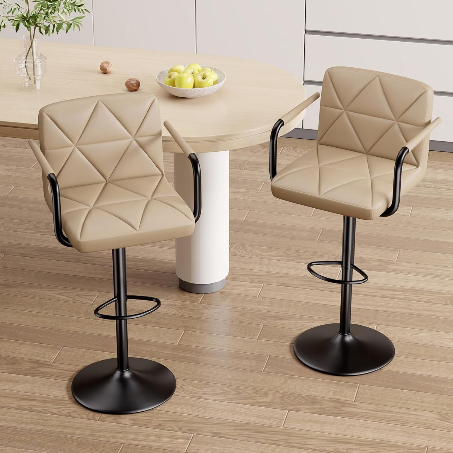 Hawsaiy Modern Bar Stools Set of 2, PU Leather Adjustable Swivel Bar Chairs with Armrests and Back, Hydraulic Counter Height Stools with Footrest for Kitchen Island, Dining Room, Bar, Khaki