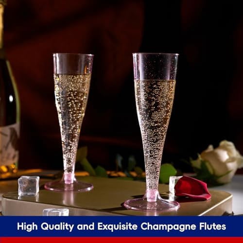 100 Pack Plastic Champagne Flutes Disposable 4.5 oz Purple Glitter Plastic Champagne Glasses Suitable for Wedding, Thanksgiving Day, Christmas