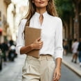 thumbnail image 6 of VBVC Women's Linen Stand Collar V Neck Blouse, Ladies' Long Sleeve Work Shirt, Elegant Office Top For Women, White , S-2XL, 6 of 7