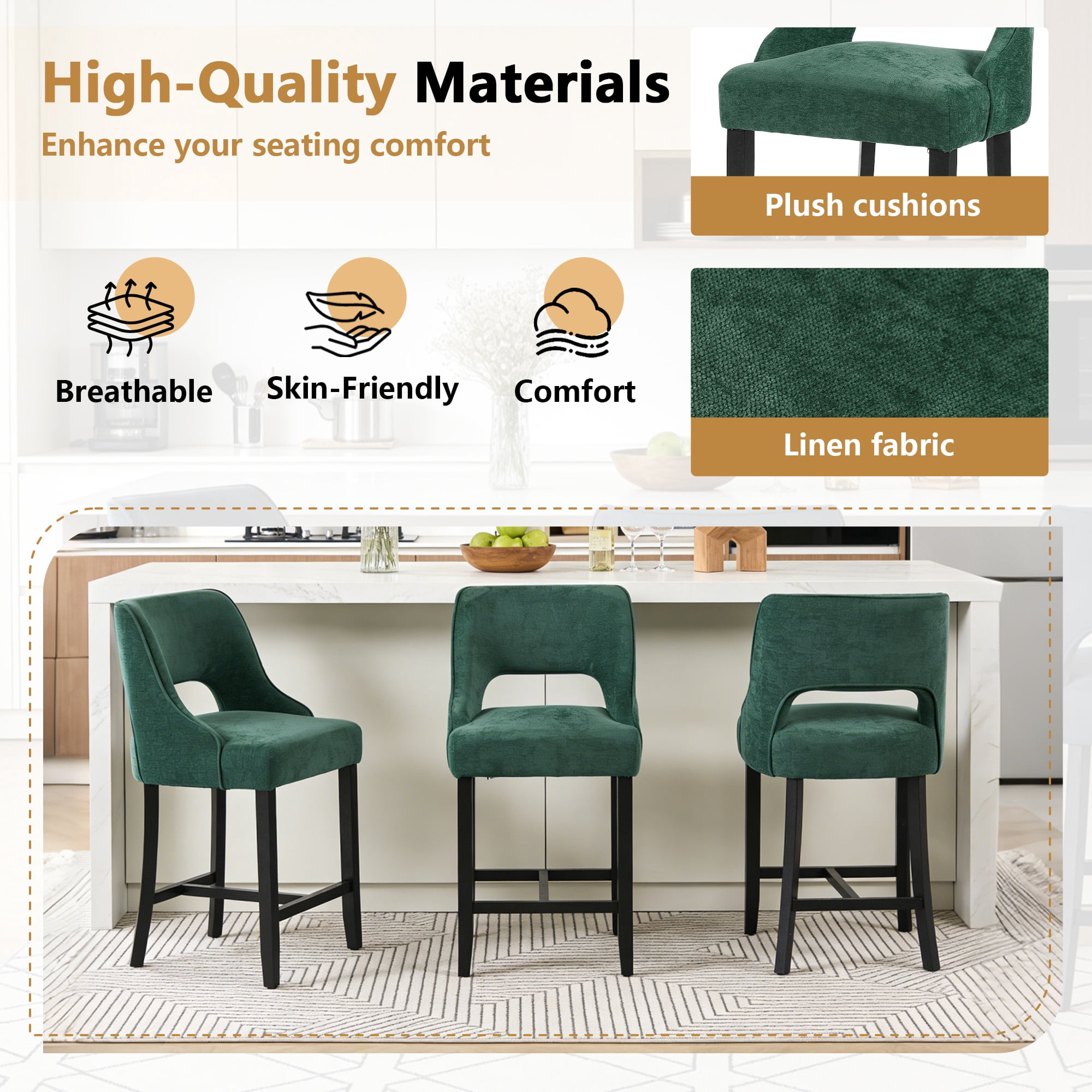 ClinQ 26" Counter Height Bar Stool Set of 1, Upholstered Bar Chair with Back, Walnut Curved Footrest for Kitchen Island, Darkgreen