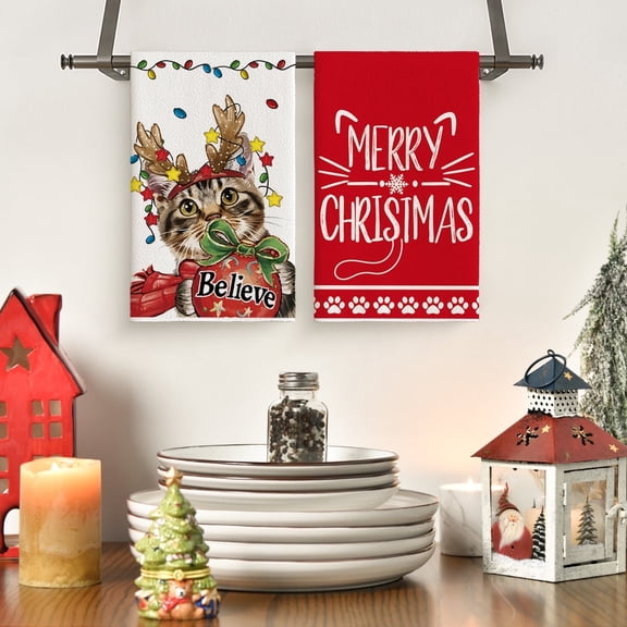 Sm:)e Believe Cat Christmas Kitchen Dish Towels Set of 2 18x26 Inch Red