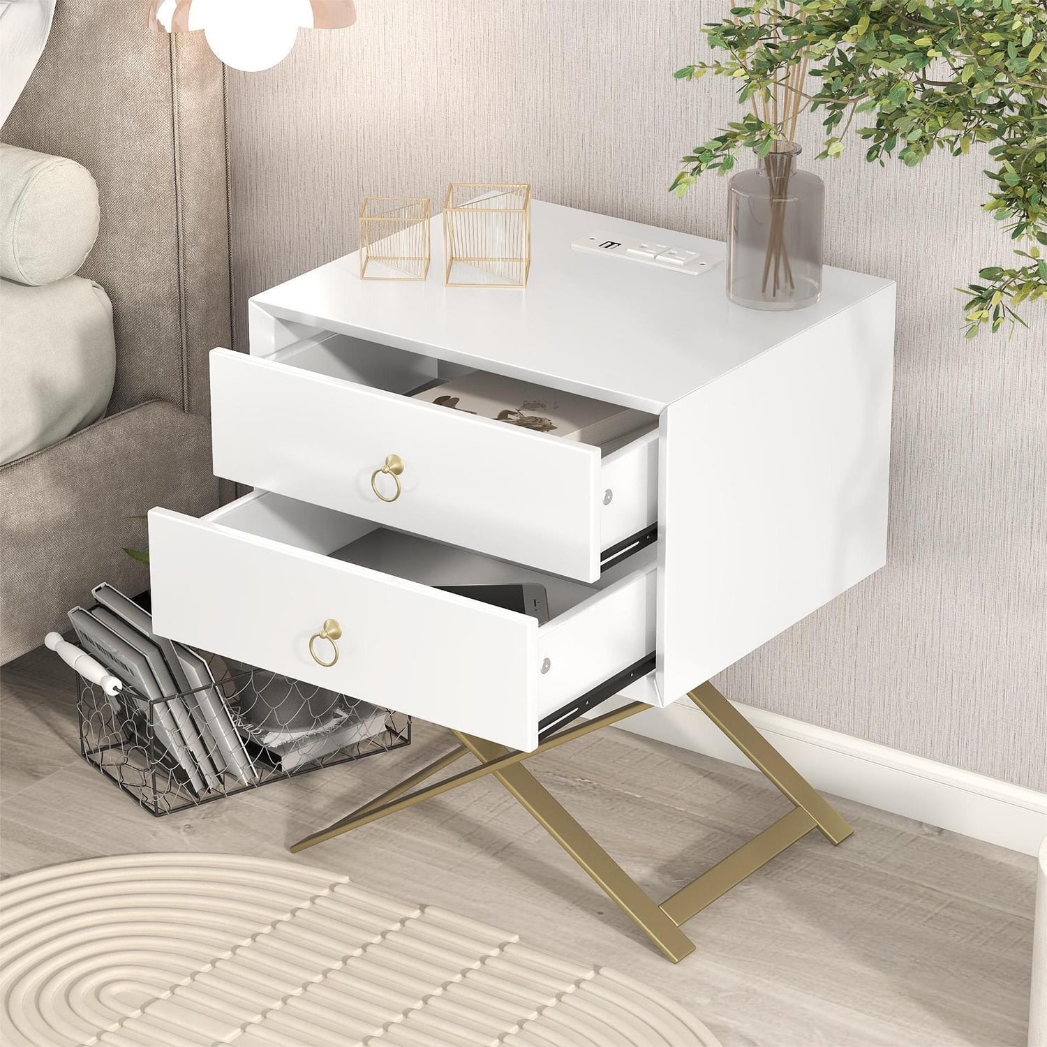 Kepooman Nightstand with 2 Drawers & Golden Handle, Storage Bedside Table with USB Charging Ports, White Kepooman Nightstand with 2 Drawers & Golden Handle, Storage Bedside Table with USB Charging Ports, White