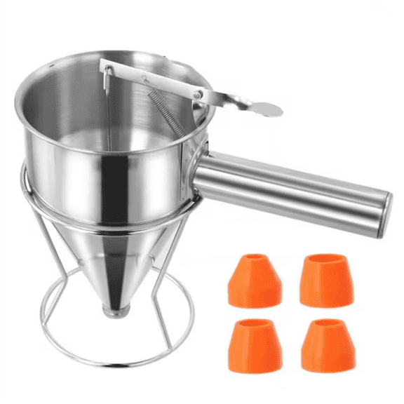 1200ml Stainless Steel Funnel Dispenser with 4 Leak Rack Cupcake Pancake Batter Maker Octopus Fish Ball Kitchen Tools,1 * dispenser 4 * nozzles,Silver
