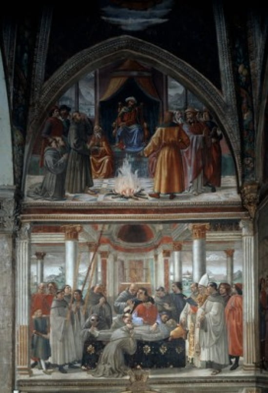 Life of Saint Francis Test of Fire before the Sultan & Death of Saint Francis 1482-85 Domenico Ghirlandaio (1449-1494 Italian) Fresco Sassetti Chapel Santa Trinita Florence Italy Canvas Art - Domenico