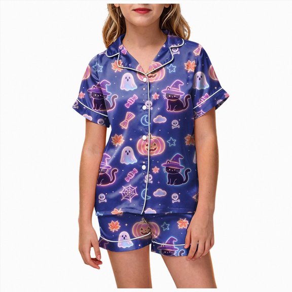 UAYOTSE Collared Button‑Up Satin Pjs Set for Girls, Short Sleeve Top and Sleep Shorts, 2‑Piece Loungewear Built for Kids Indoor Daily Life Size 4-5 Years