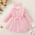 thumbnail image 2 of Annhoo Infant Baby Girls Cotton Dress Long Sleeve Casual Dresses with Bow Headband Solid Color Cute Clothing Sets 3-24 Months, 2 of 7