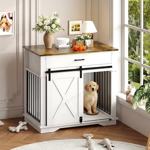 QinaQin Dog Crate Furniture with Sliding Barn Door,Farmhouse Wooden Dog Kennel Side Table with Storage Drawer,Decorative Pet House Buffet Cabinet,Black
