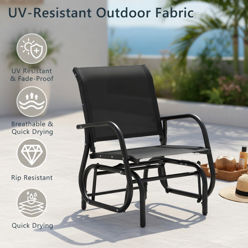 Hommoo Outdoor Single Swing Glider Rocking Chair, Heavy-Duty Steel Frame, Breathable Fabric Seat, All-Weather Patio Relaxation Chair, Black