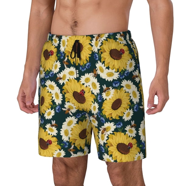 Balery Sunflowers Bañador para hombre, shorts de playa de secado rápido con entrepierna y forro de compresión-Small