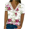 thumbnail image 1 of Women Tops Clearance-Sale Short Sleeve Printing Floral Pattern Blouse V-Neck Classic Fitted Tunic Formal Daily Ruched Ladies Softy Work Going Out Tops Hot Pink,M, 1 of 5