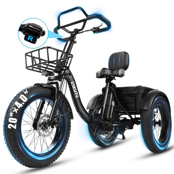 ESKUTE T300 Pro Adult Electric Tricycle with Reverse, E Trike, 998.4Wh Battery, 20" x 4.0" Fat Tires, Foldable 3 Wheel Electric Bike, Stable Ride for Seniors & Parents Black, UL2849