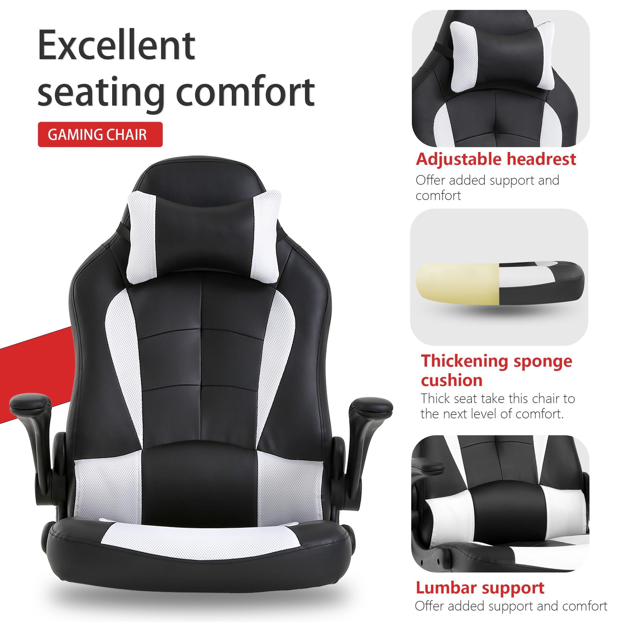 PayLessHere Gaming Chair - Ergonomic Office Chair w/ Lumbar Support, Adjustable Headrest & Arms, White