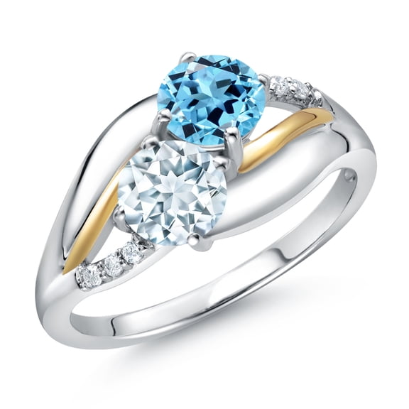 Gem Stone King 925 Silver and 10K Yellow Gold Sky Blue Aquamarine Swiss Blue Topaz and Lab Grown Diamond 2 Stone Engagement Ring for Women (1.19 Cttw, Round, March Birthstone, Size 9)