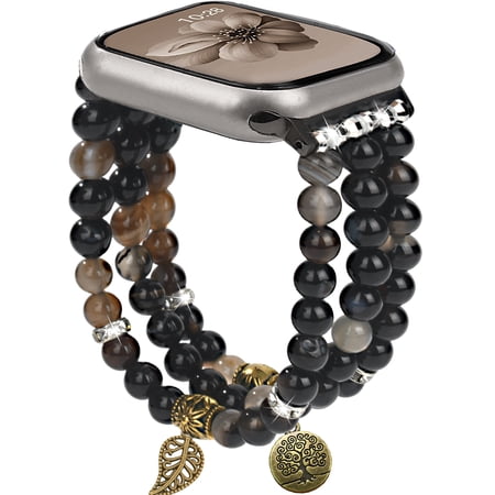 Bracelet Beaded Bands for Women Compatible with Apple Watch 38/40/41/42mm(Series 10), Fashion Boho Elastic Stretch Crystal Strap for iWatch Series 10/9/8/7/6/5/4/3/2/1/SE/Ultra, Black