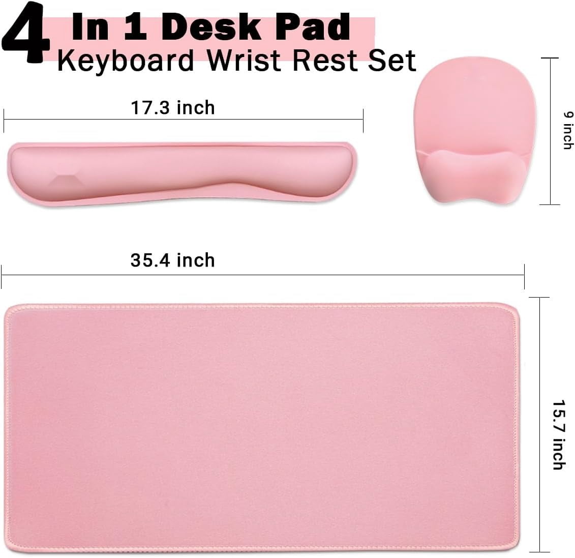 Keyboard Wrist Rest Large Mouse Pad Wrist Support for Computer, 4 in 1 Memory Foam Keyboard Pad Desk Mat Ergonomic Hand Rest Wrist Cushion for Home Office Gaming-Pink