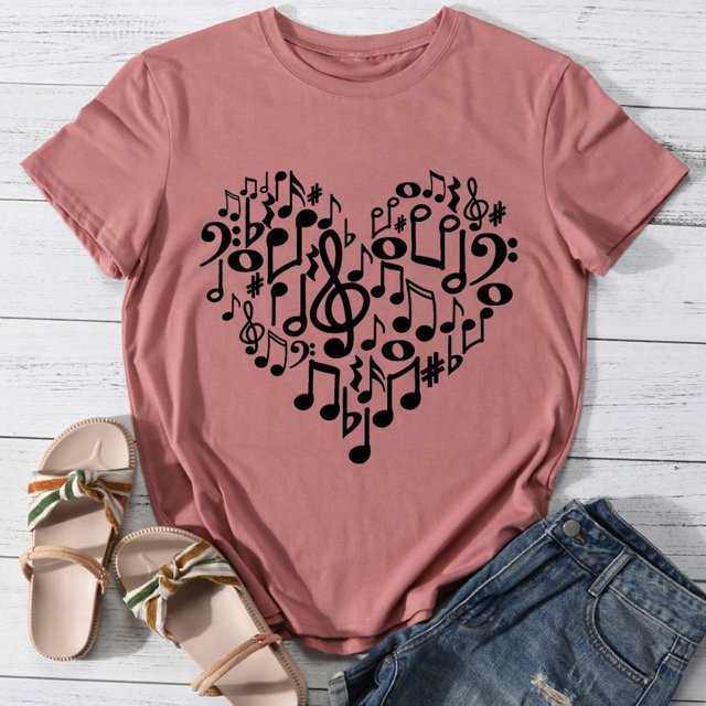 Camiseta con estampado gráfico de corazón y símbolo musical para amantes de la música Tee Rose Gold S FLhrweasw Para estrenar