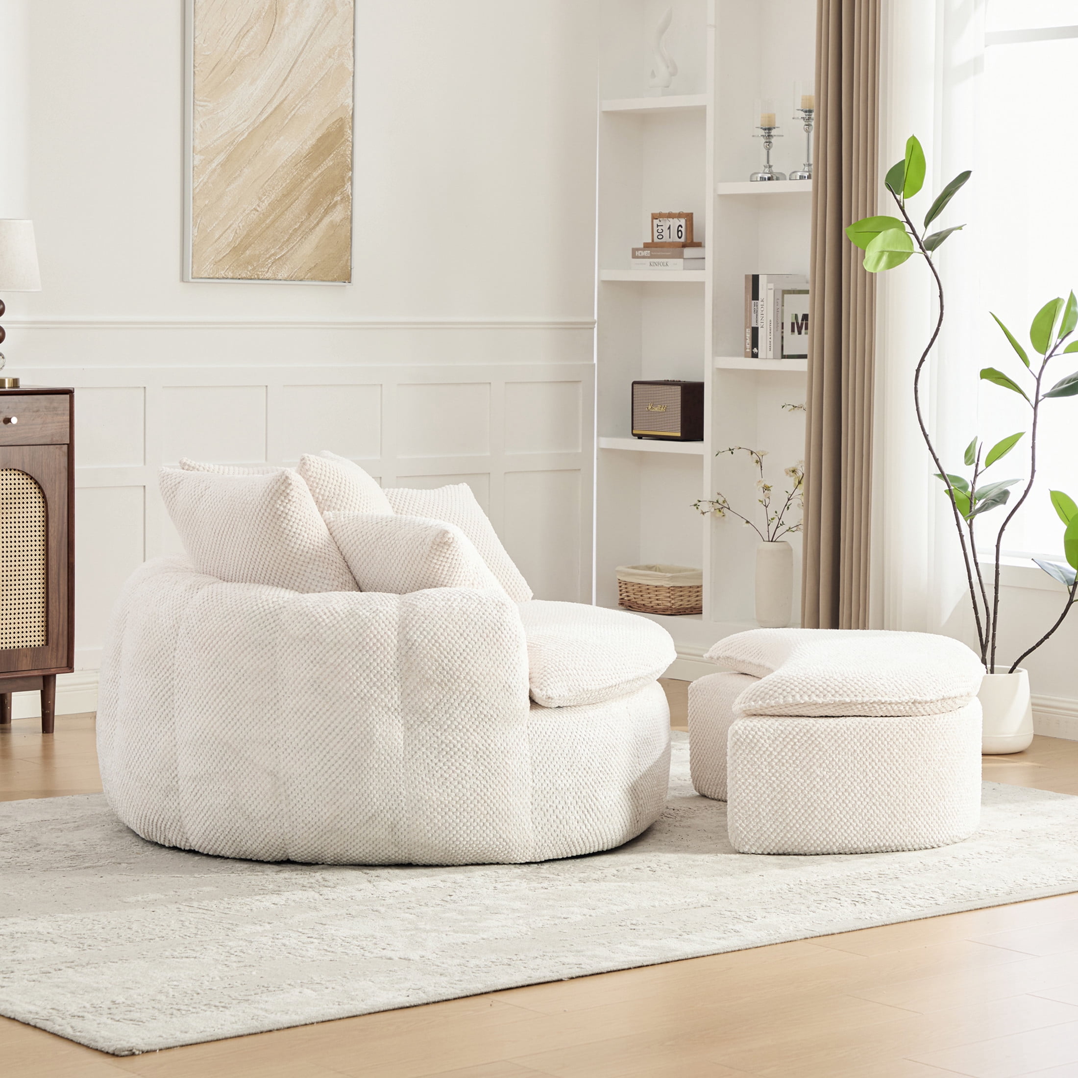 GDF Studio 53.15-Inch Oversized Pumpkin-Shaped Lounge Chair with Footstool Ottoman, Beige