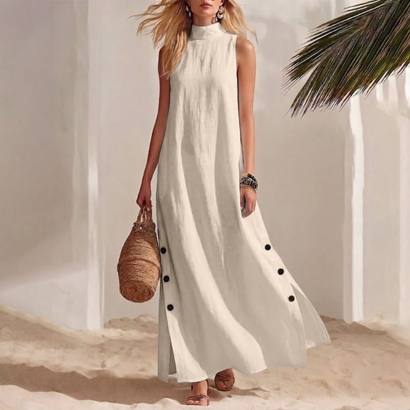 Uscallm Women's Sleeveless High Neck Maxi Dress Solid Boho Flowy Casual Long Dress for Summer Travel Outfits, Khaki S