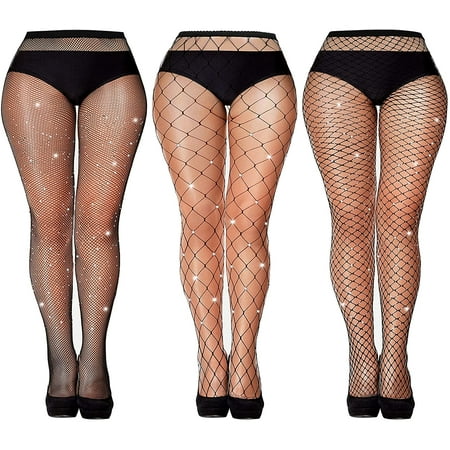 

3 Pairs Glitter Rhinestone Fishnets Stockings Sparkly Tights Shimmer Pantyhose One Size High Waist Mesh Fishnet Tights for Women (Black)