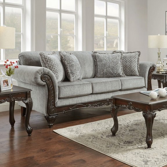 Hernen's Carved Wood Frame Sofa - Solid Gray Chenille and Carved Details