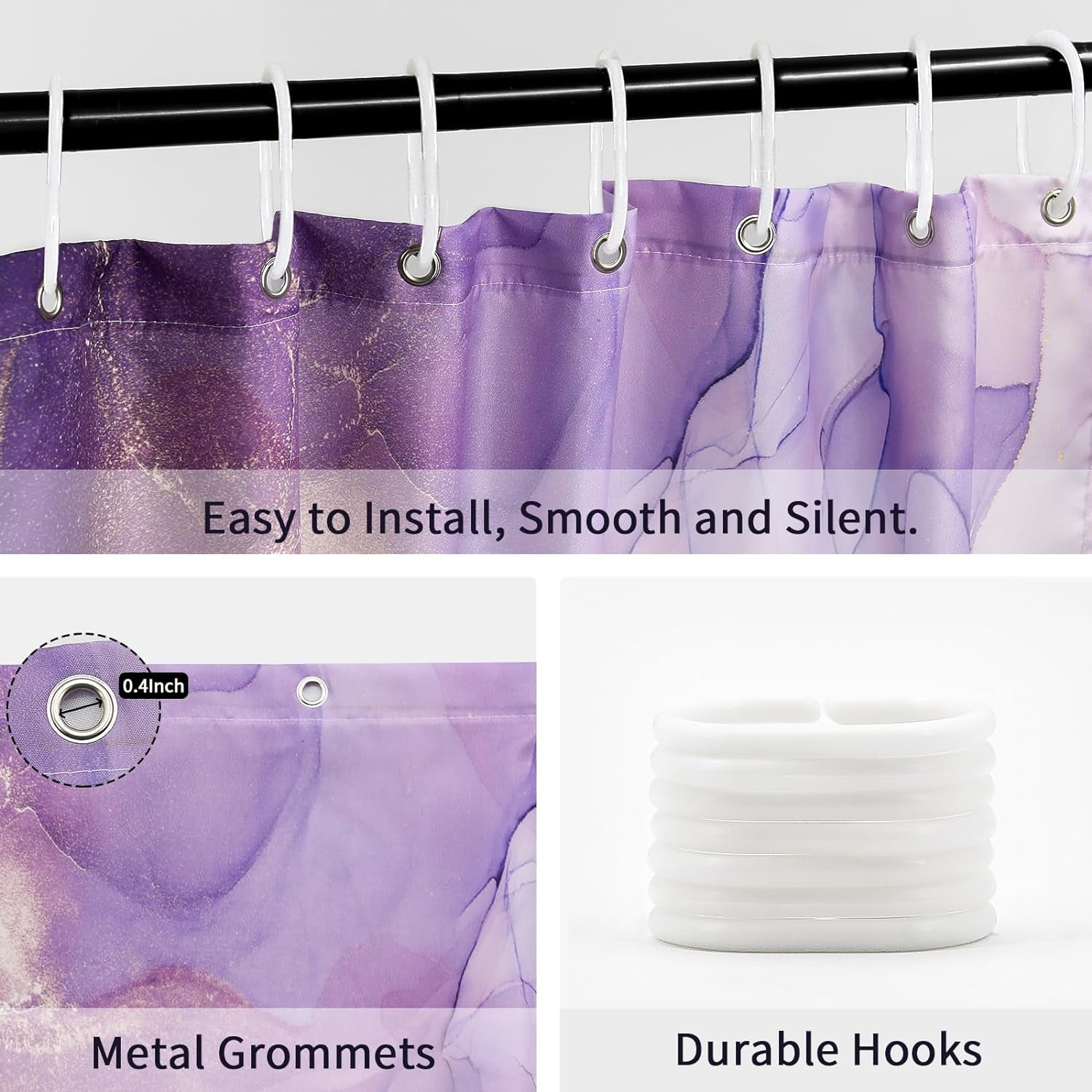 Extra Long Shower Curtain 72 x 84, Purple Marble Shower Curtain Set with Hooks, Abstract Ink Art Lavender Gold Watercolor Elegant Waterproof Fabric Shower Curtains for Modern Bathroom Decor