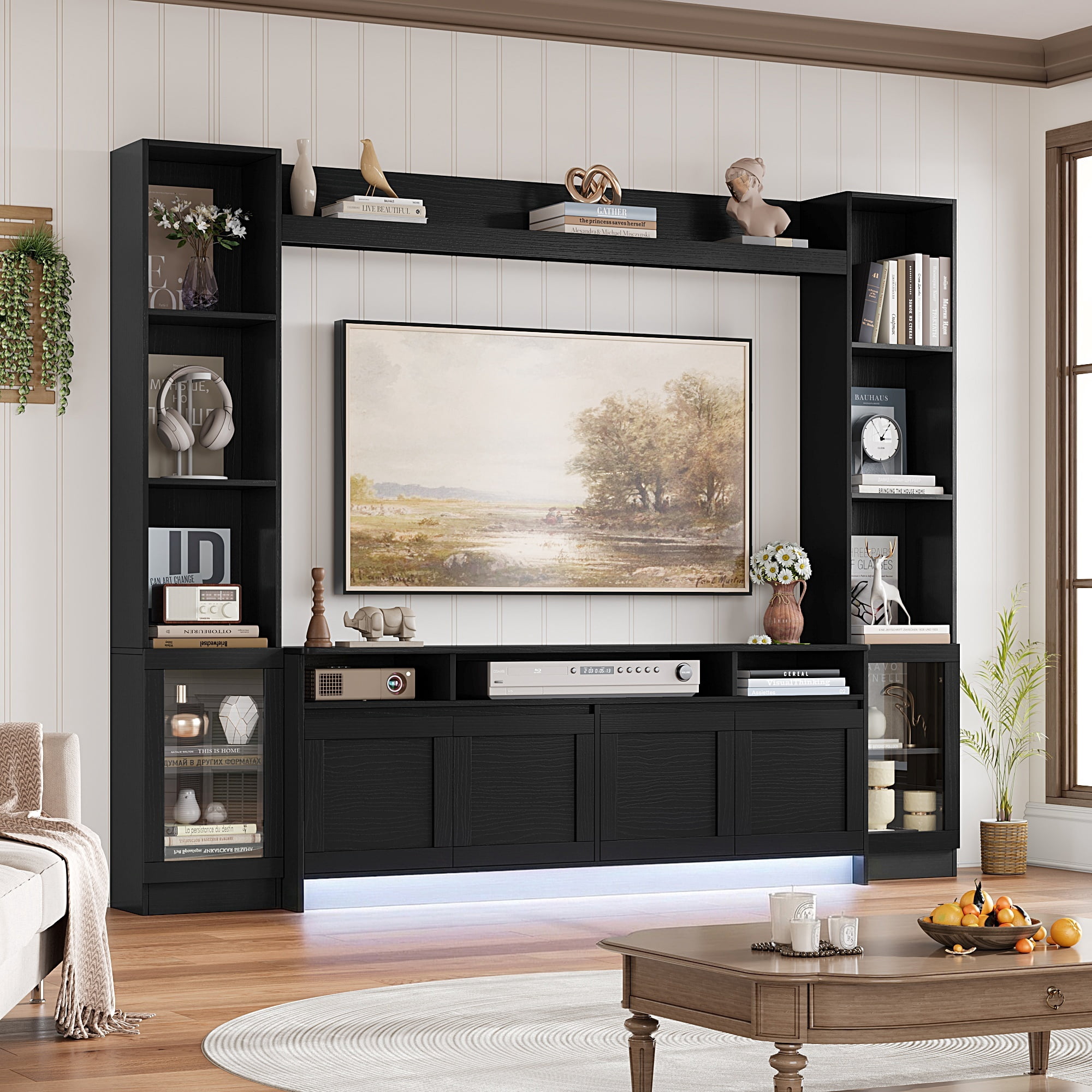 Hiphuta 79" W Wall Unit Entertainment Center with Bookcase for TVs up to 65", Farmhouse TV Stand with LED Lights for Living Room, Black