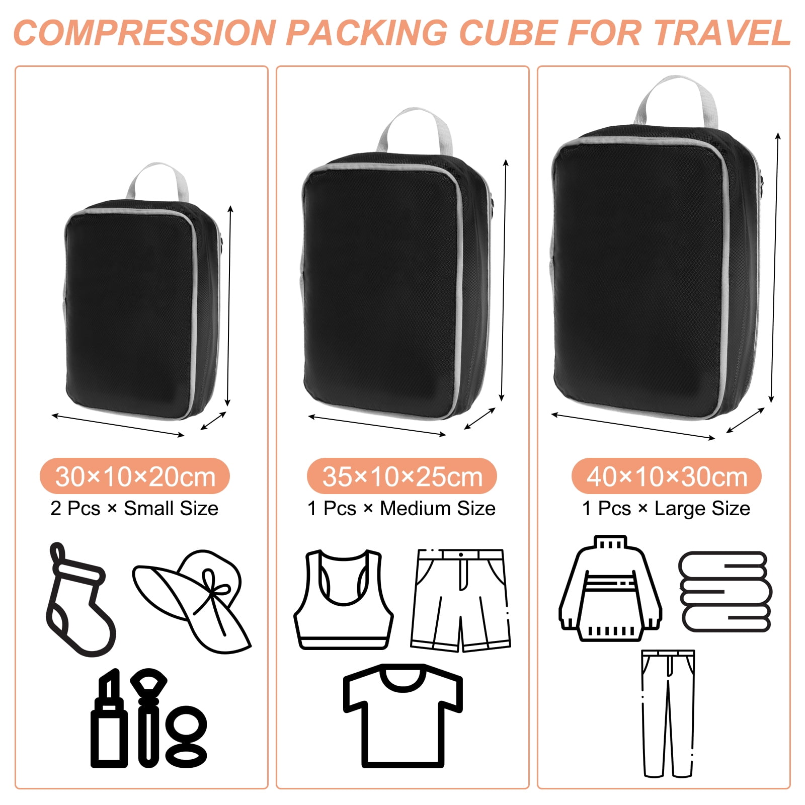 Uxcell Compression Packing Cube for Travel Waterproof Luggage Organizer for Suitcase Black 4 Set