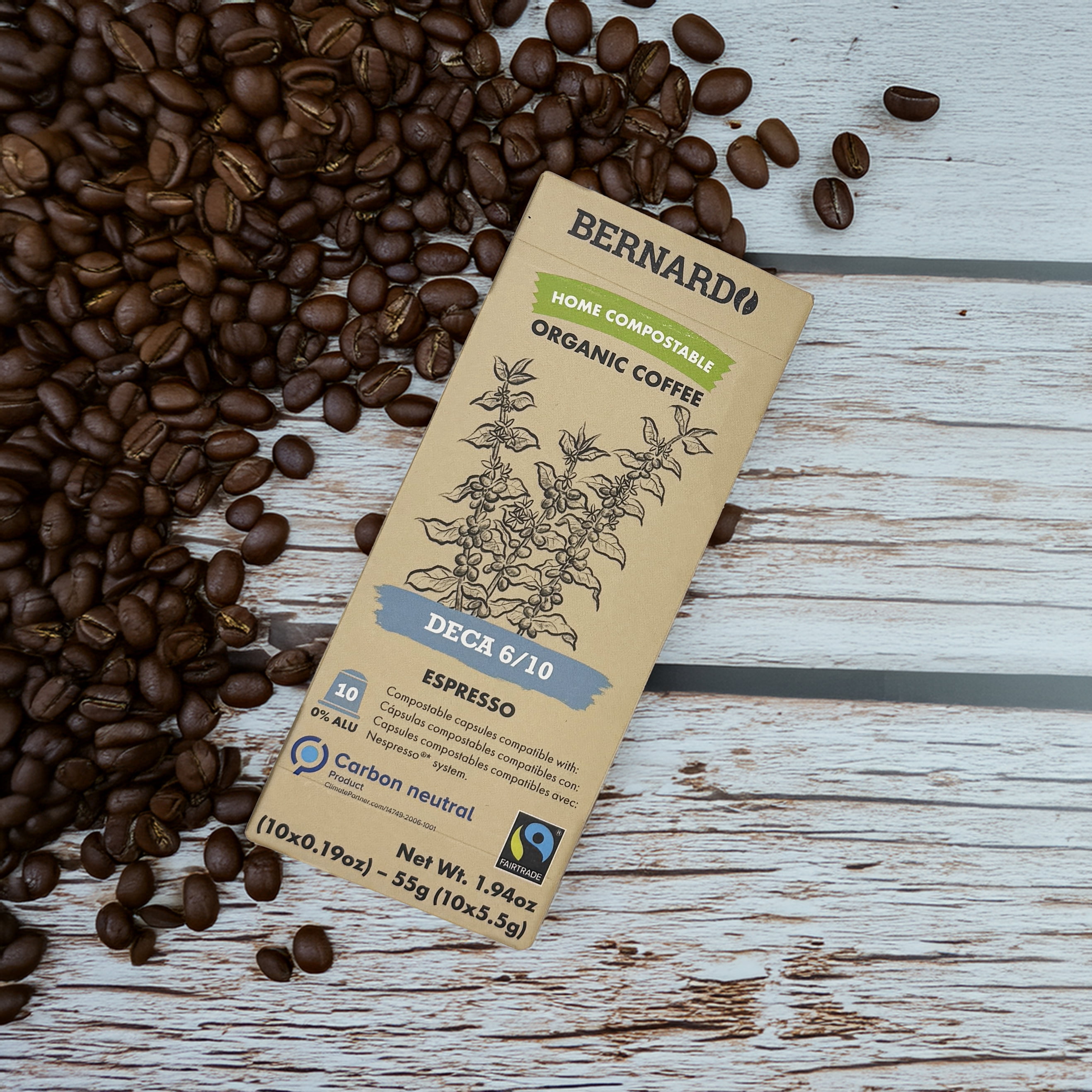 USDA Organic Bernardo Decaf Espresso | Home Compostable Pods | Nespresso Original Machines | DECA 6/10 Strength 10 Packs of 10 (100 Capsules)