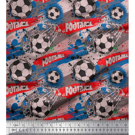Soimoi Pink polyester Crepe Fabric Brush Stroke & Football Sports Print Fabric by Yard 52 Inch Wide