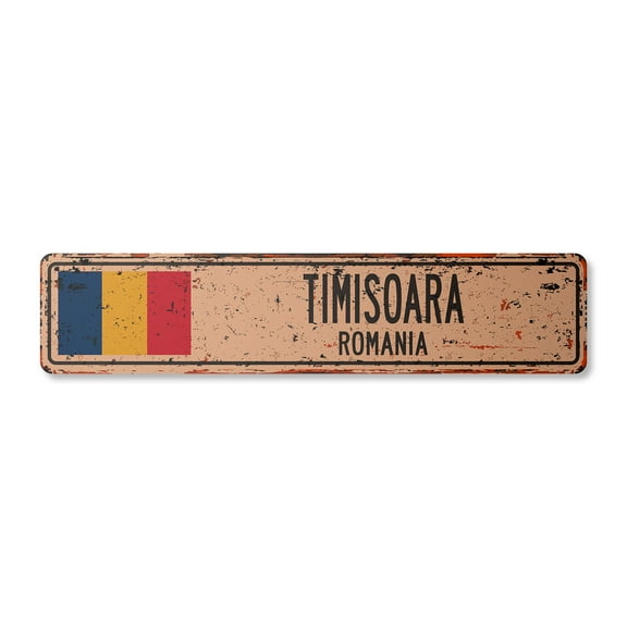 TIMISOARA ROMANIA Vintage Aluminum Street Sign Romanian flag city country road rustic metal tin wall gift | Indoor/Outdoor | 24" Wide