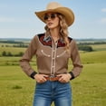 thumbnail image 2 of Womens Western Shirts Floral Print Cowgirl Shirts Long Sleeve Button Down Shirt Country Retro Tops Coffee XXL, 2 of 5
