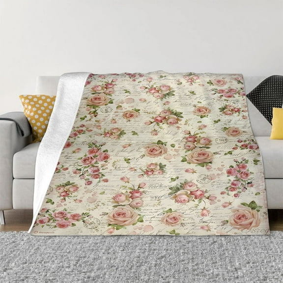 Vintage Style Pink Floral Print Flannel Throw Blanket – Soft, Cozy, and Skin-Friendly with Script Text – Perfect for Sofa, Bed, Office, and Travel