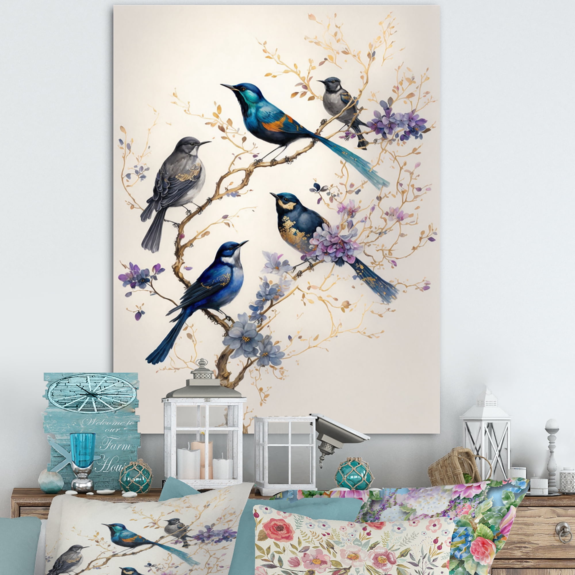 Designart Multicolor Birds On Plum Blossoms Tree XVI Canvas Wall Art