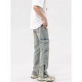 thumbnail image 3 of Pantalones vaqueros amarillos para hombre, monos de Color sólido Y2K con botones, cremallera multibolsillos para hacer pantalones viejos, sueltos, A148, 3 of 6