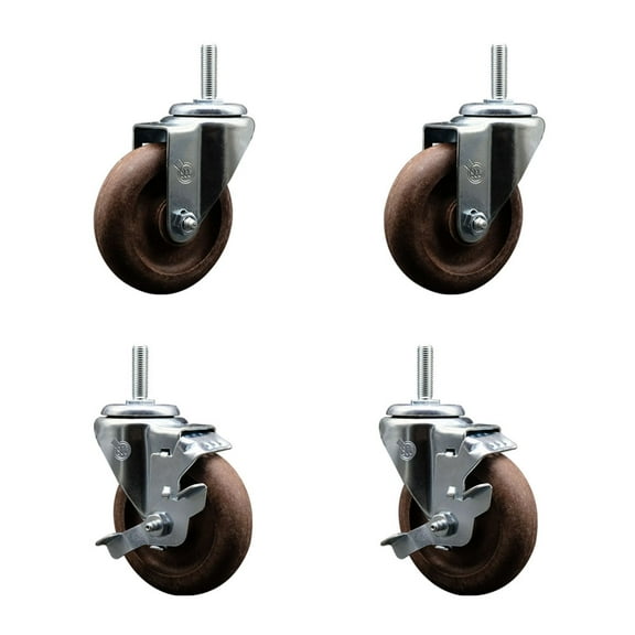 4 Inch High Temp Glass Filled Nylon 3/4 Inch Threaded Stem Caster Set 2 Brakes