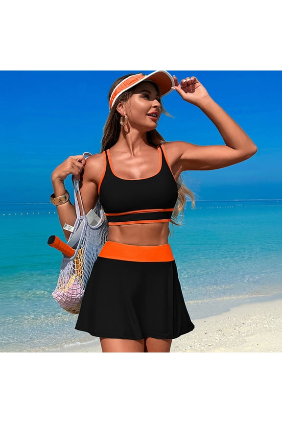 Women's Contrast Trim Tennis Outfit, 2-Piece Athletic Set with Square Neck Crop Top & Pleated Skort, Sportswear for Tennis Black,Women's Plus L