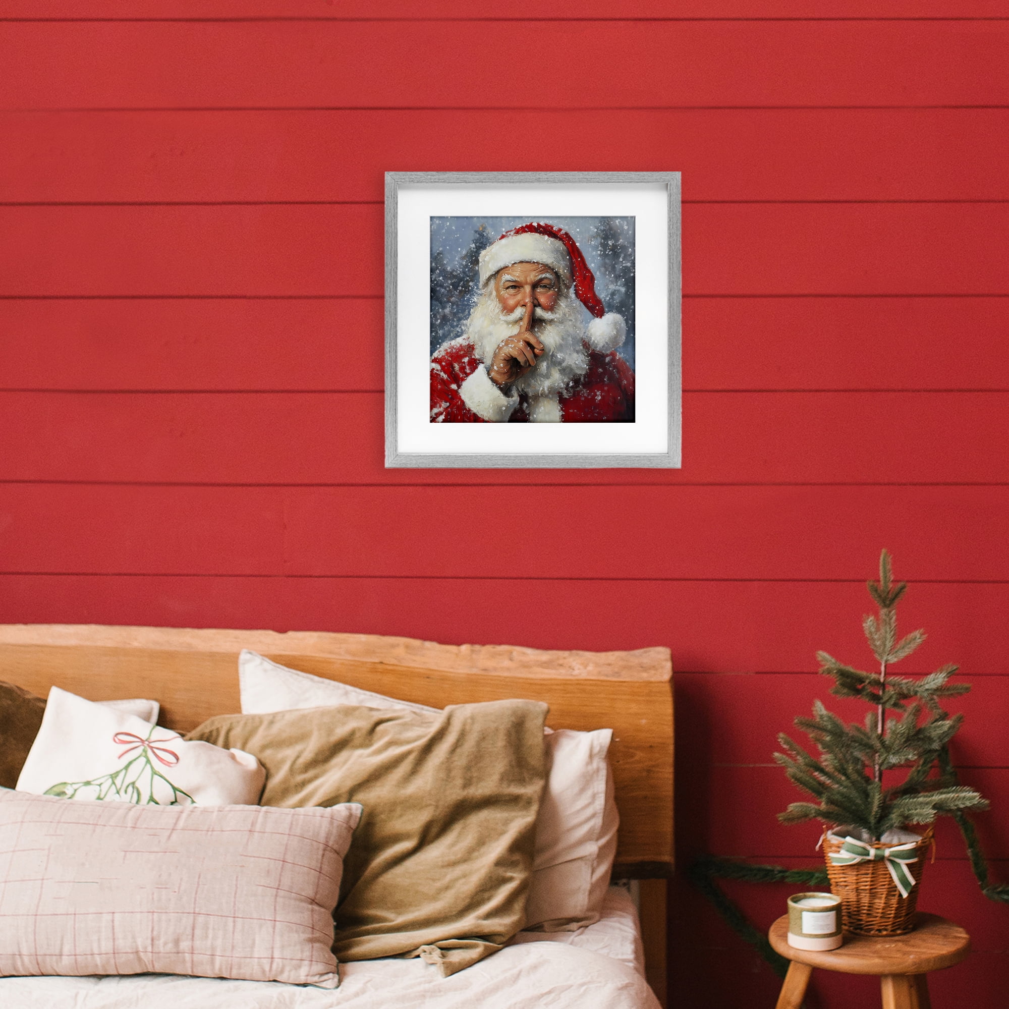 Secret Santa Shh Gray Framed Print Under Glass, design by Petal Prints Design