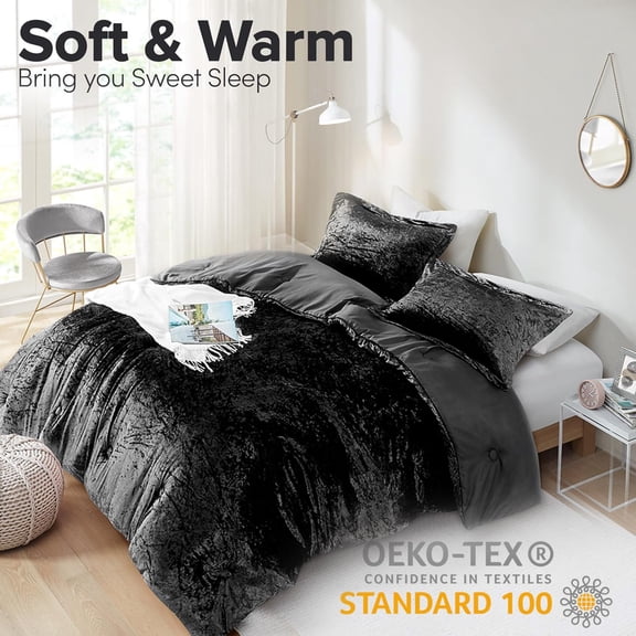 Juliette Luxe Comforter Set Velvet Lush with Soft Brushed Microfiber Reverse, All Season Cozy Velvet Bedding Sets, Fluffy Comforter Bed Set, Matching Sham, Black King 3 Piece