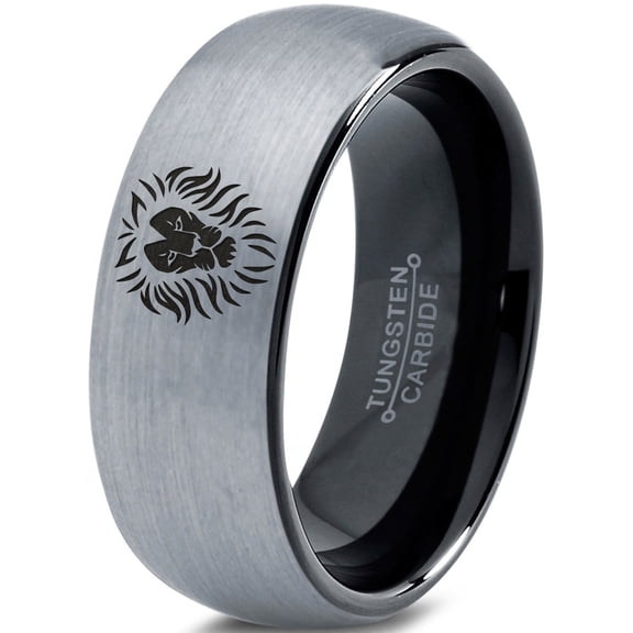 Tungsten Lion Lioness Panthera Leo Band Ring 8mm Men Women Comfort Fit Black Dome Brushed Gray Polished