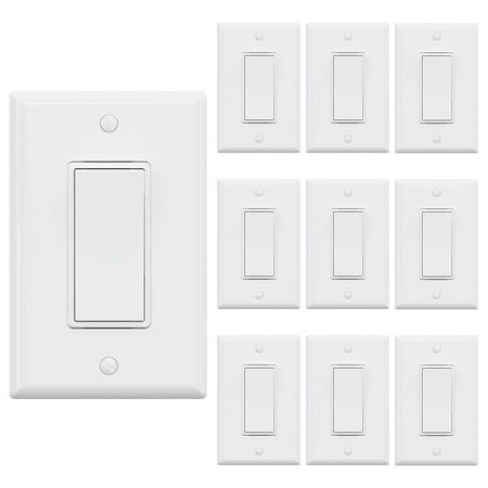 ELEGRP Decorator Paddle Rocker Light Switch  15Amp  120/277V  Single Pole  with Midsize Nylon Wall plate  White (10 pack)