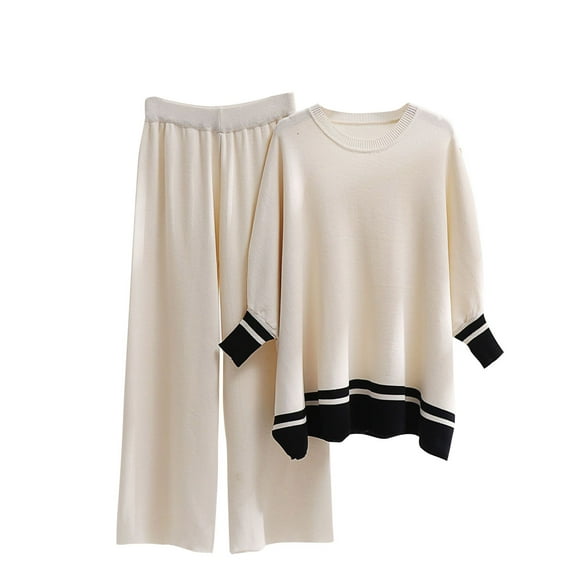 Womens Knitted Suit Wide Leg Pants Pocket Blouses Long Sleeve Round-Neck Blouses Loungewear Suit Set S-39 Beige One Size