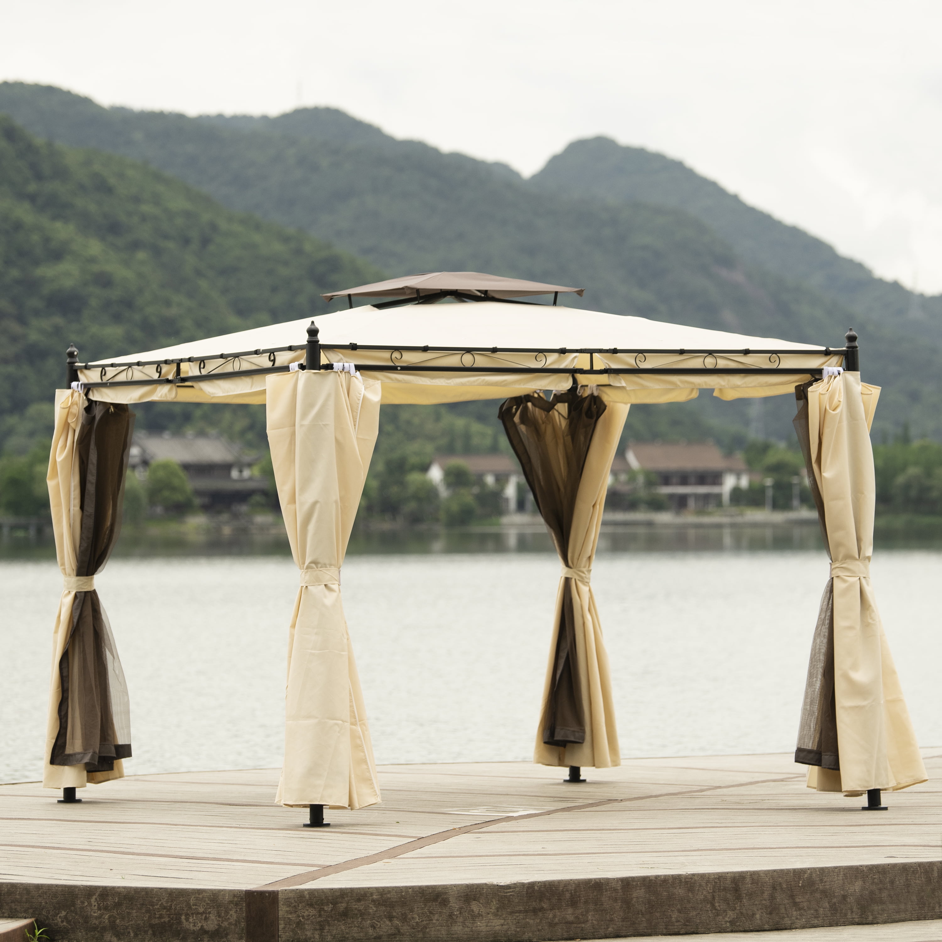 Private Jungle 9.3ft Double Roof Gazebo Tent, Outdoor Awning with Mosquito Nets and Polyester Curtains, Beige Private Jungle 9.3ft Double Roof Gazebo Tent, Outdoor Awning with Mosquito Nets and Polyester Curtains, Beige