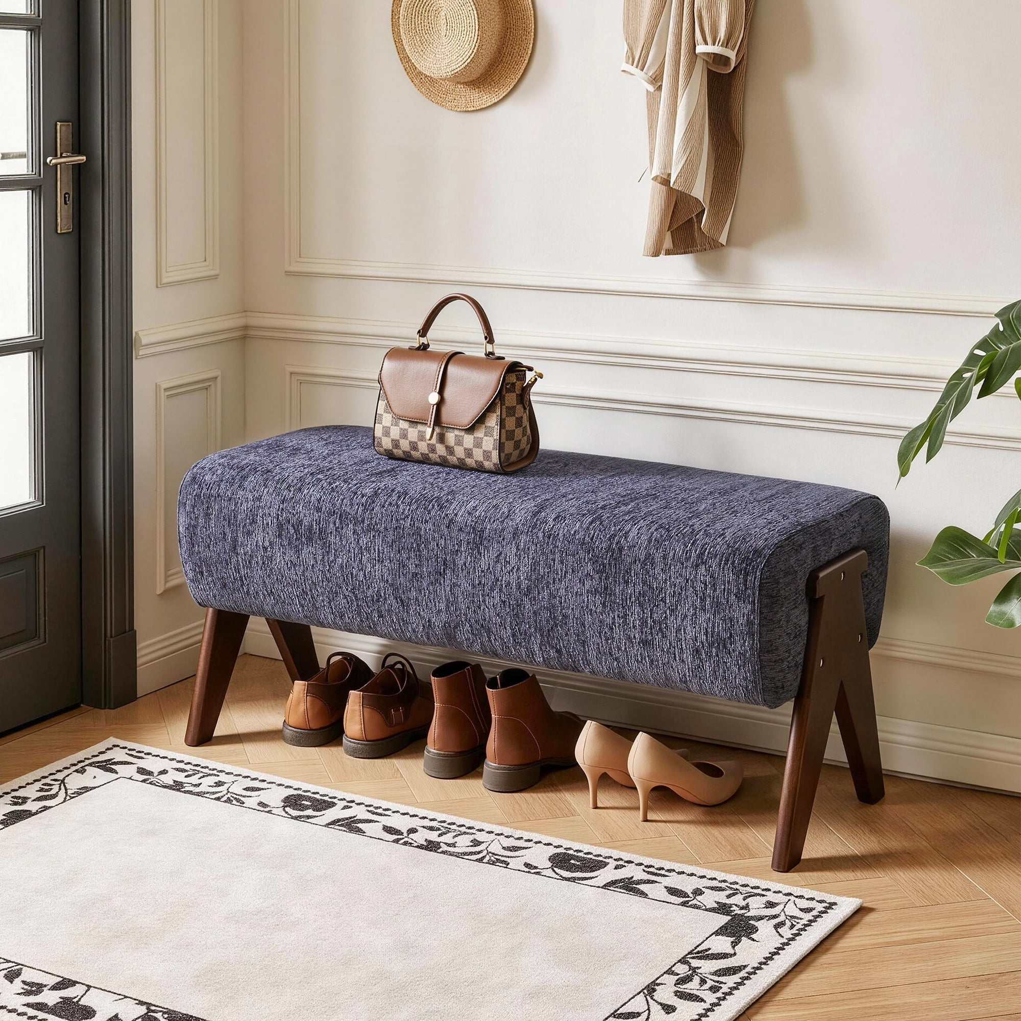 Chenille Upholstered Bench with Solid Wood Legs, Blue, 38.19 in x 15.75 in x 16.93 in