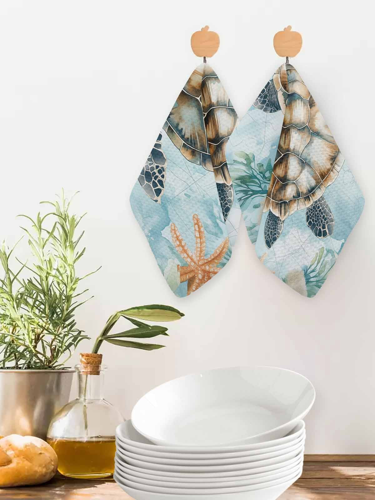 Teal Sea Turtle Coastal Dish Towels Set, Waffle Weave Kitchen Towels 3 Pieces, Summer Beach Nautical Coral Microfiber Hair Face Bath Tea Towel Absorbent Quick Drying Cleaning Dish Cloths, 12"x12"