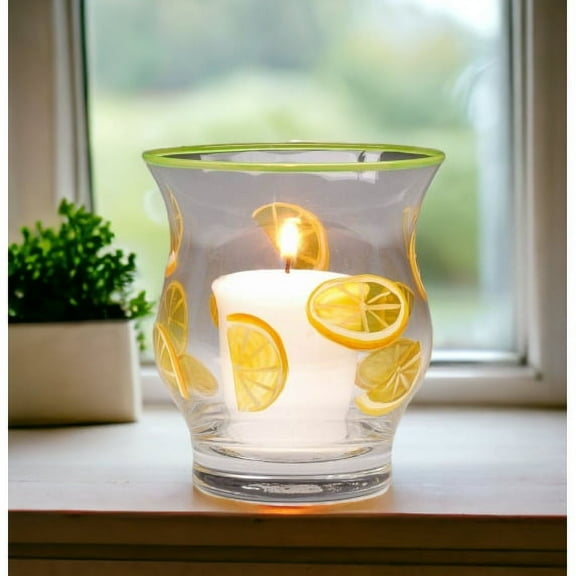 Hand Painted Glass Lemon Slice Votive Jar Candle Holder 3.5 x 4